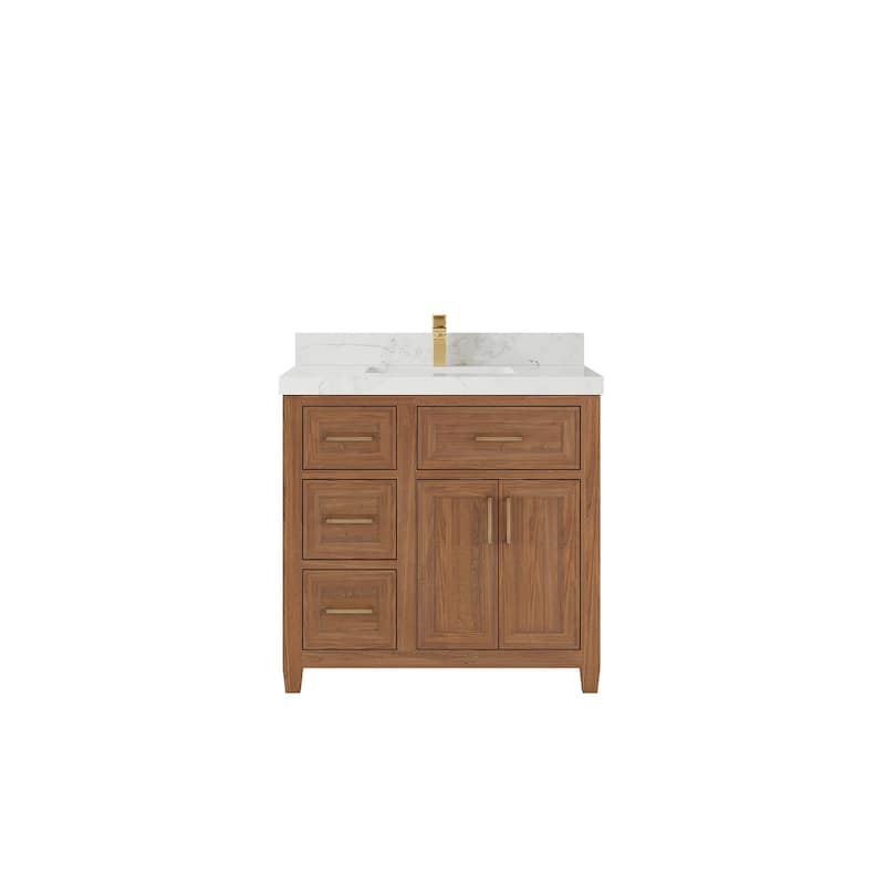 Willow Collections 36 in. W x 22 in. D Santa Monica Teak Bathroom Vanity Center with Countertop - 2”Calacatta Nuvo - Dark Natural Teak