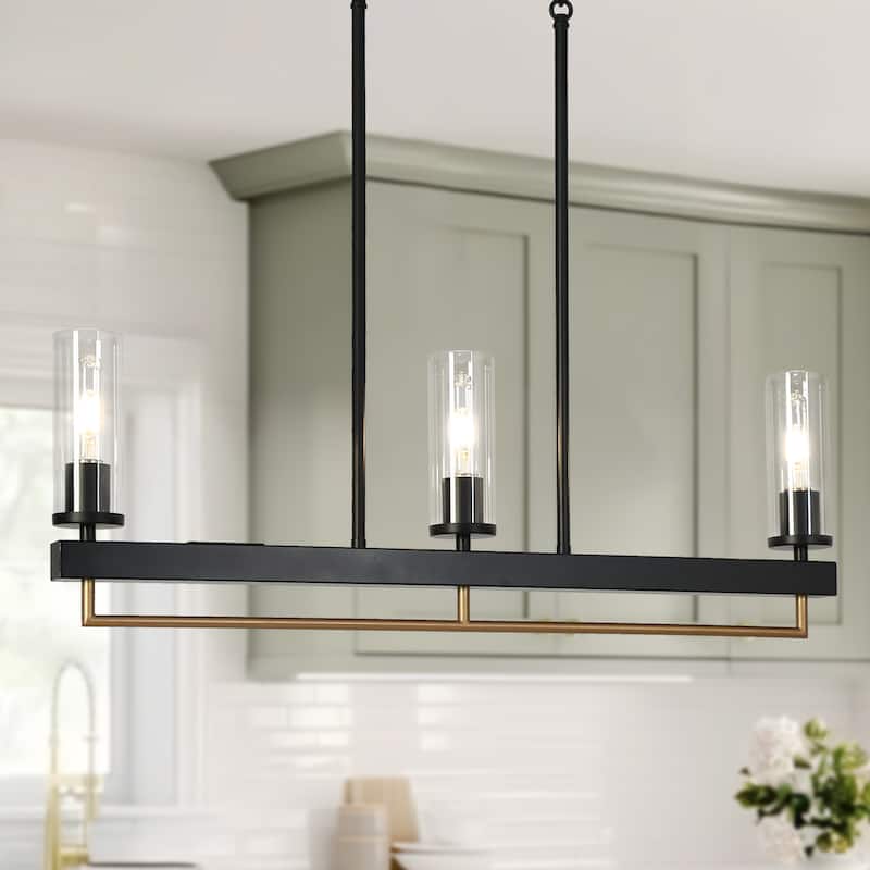 Modern Tradition 3-Light Chandelier Black Gold Kitchen Island Light Fixture with Clear Glass Shades for Dining Room - N/A
