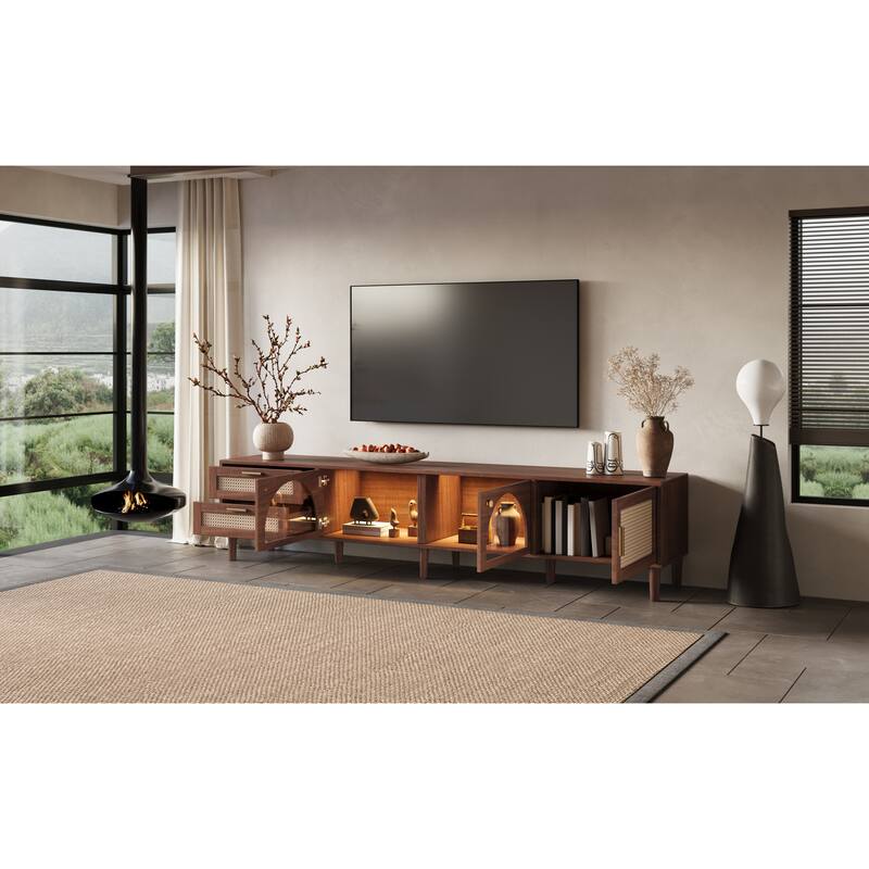 Retro 86" TV Stand for TVs up to 90", Entertainment Center with LED Lighting, 2 Drawers, Rattan Media Console with Glass Door
