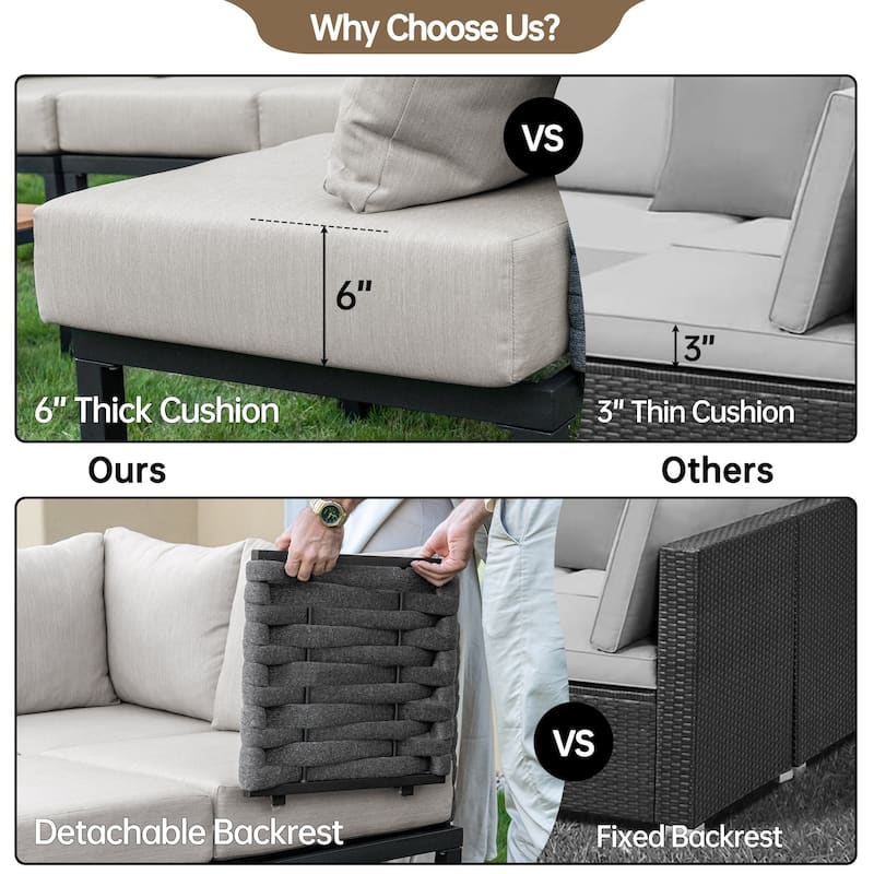 Outdoor Patio Furniture Set, L-Shaped Sectional Sofa with 6" Thick Cushion & Coffee Table for Backyard, Porch