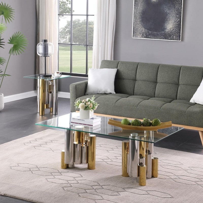48" Stainless Steel Rectangular Glass Coffee Table for Living Room