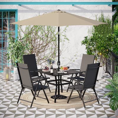 PHI VILLA 6-piece Patio Dining Set, 1 Square Metal table, 4 Adjustable Folding Chairs and 9ft Umbrella