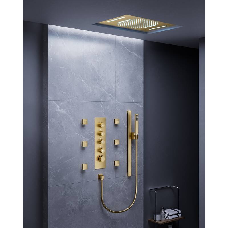 Multi-Function Thermostatic Shower System – Rainfall, Waterfall, Body Jets & LED Smart Control - 15*23 - Brushed Gold