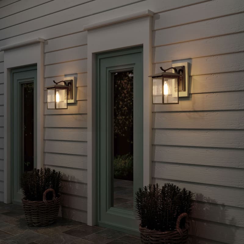 Modern Farmhouse 1-Light Black Outdoor Wall Lantern Sconces with Seeded Glass - W7"x H12.2"x E9"