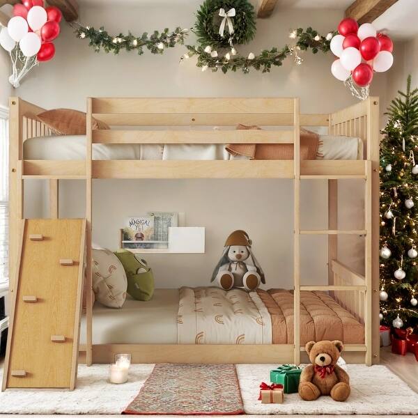 slide 2 of 20, Floor Bunk Bed with Climbing Ramp,Ladder and Safety Guardrail,Twin Over Twin for Bedroom Natural