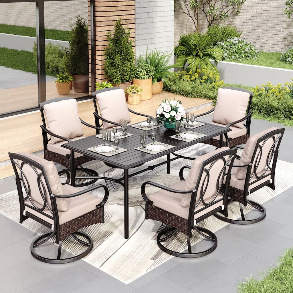 MAISON ARTS 7 Pieces Patio Dining Set with Metal Rectangular Dining Table and Swivel Chairs