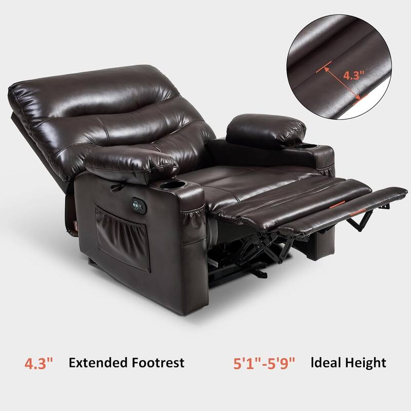 Large Power Faux Leather Recliner Chair with Heat and Massage, Cup Holder, USB Port