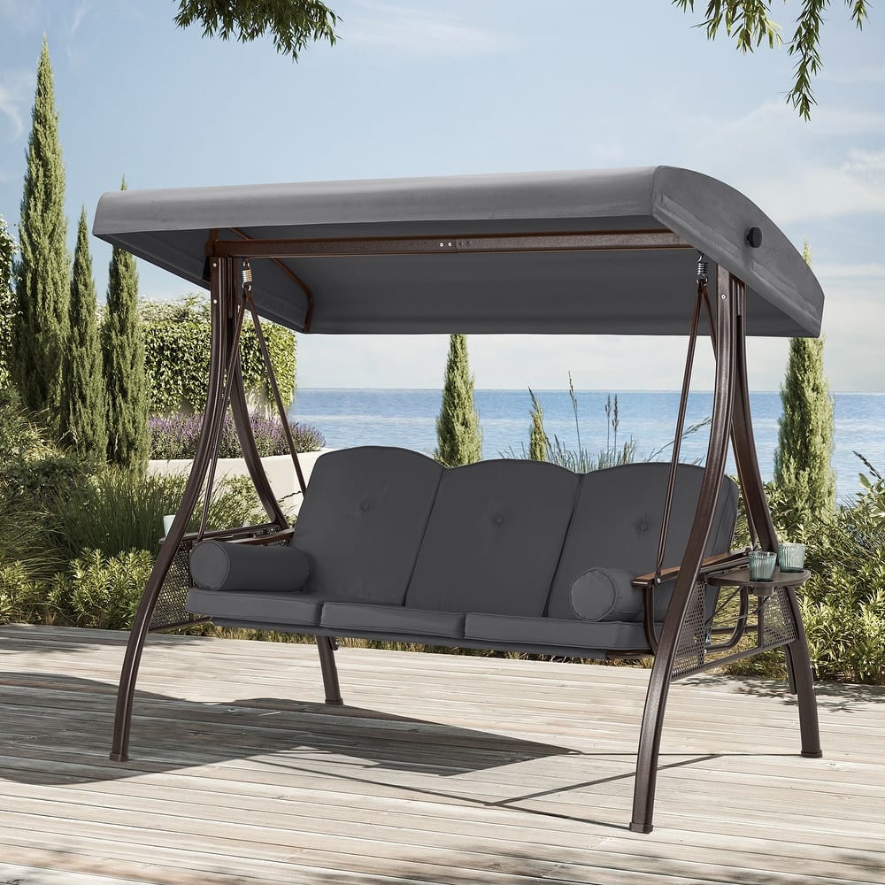 3-Seat Patio Swing with Adjustable Canopy, 750lbs Heavy Duty, Convertible Outdoor Bed, All-Weather, Cup Holders & Thick Cushions