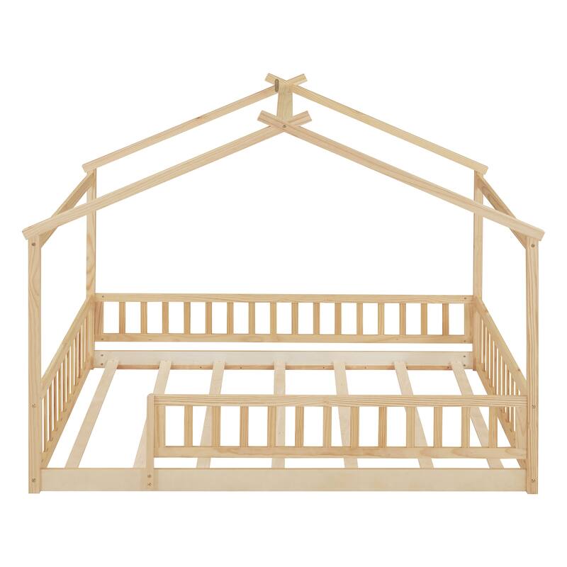 Full Size House Bed Frame with Roof and Fence - Sturdy Pinewood Construction for Children's Bedrooms, Small Space