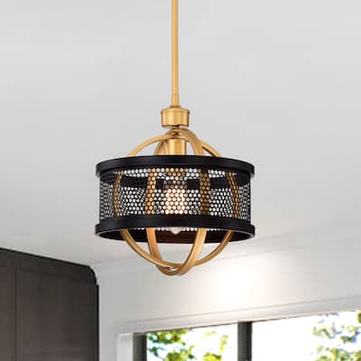 Lorelei Matte Black+Gold 1-Light Metal Drum Shade Pendant Light