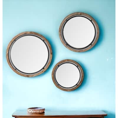 HomeRoots 19" Brown Round Wood Framed Accent Mirror