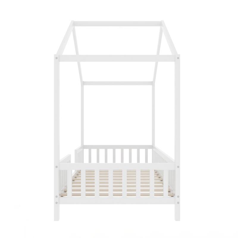 Twin Bed Frame for Kids, House Shape Toddler Bed Frame with High Railings, Wood Kids Bed with Roof