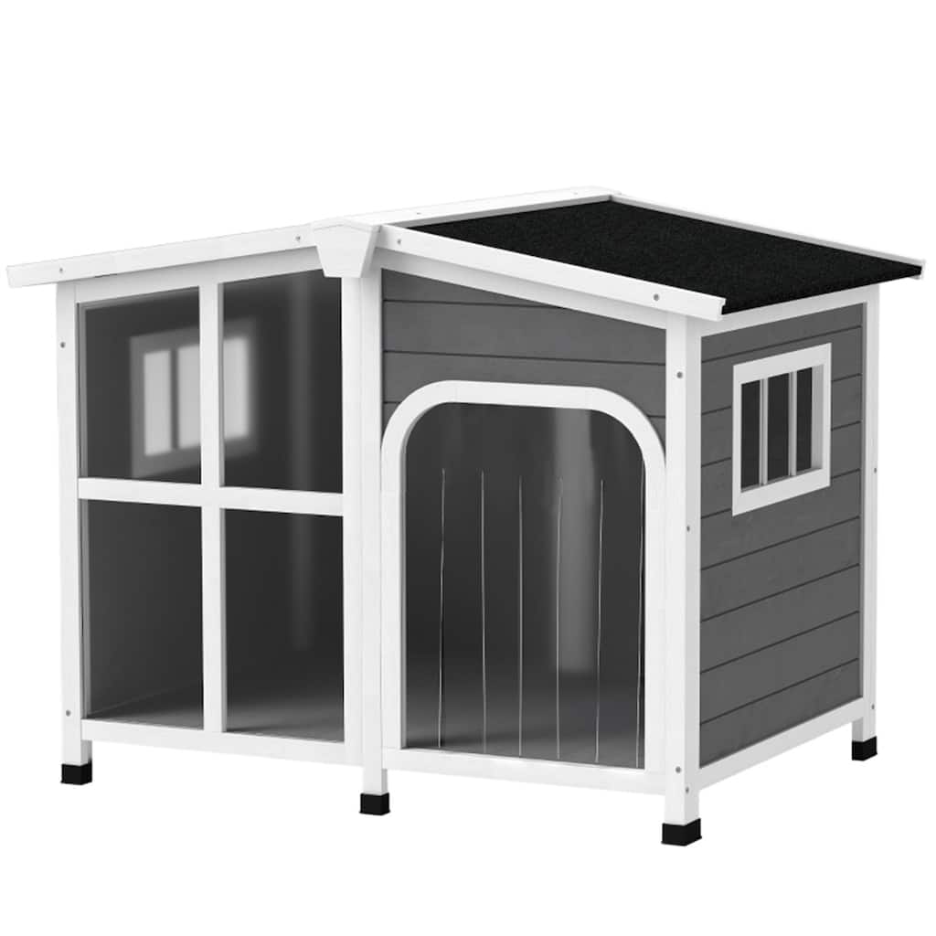 Dark Gray and White Fir Wood Dog Kennel House with Openable Roof Elevated Floor