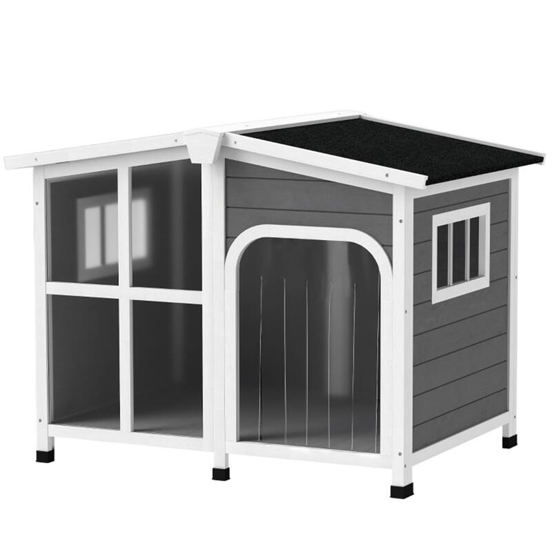 Dark Gray and White Fir Wood Dog Kennel House with Openable Roof Elevated Floor