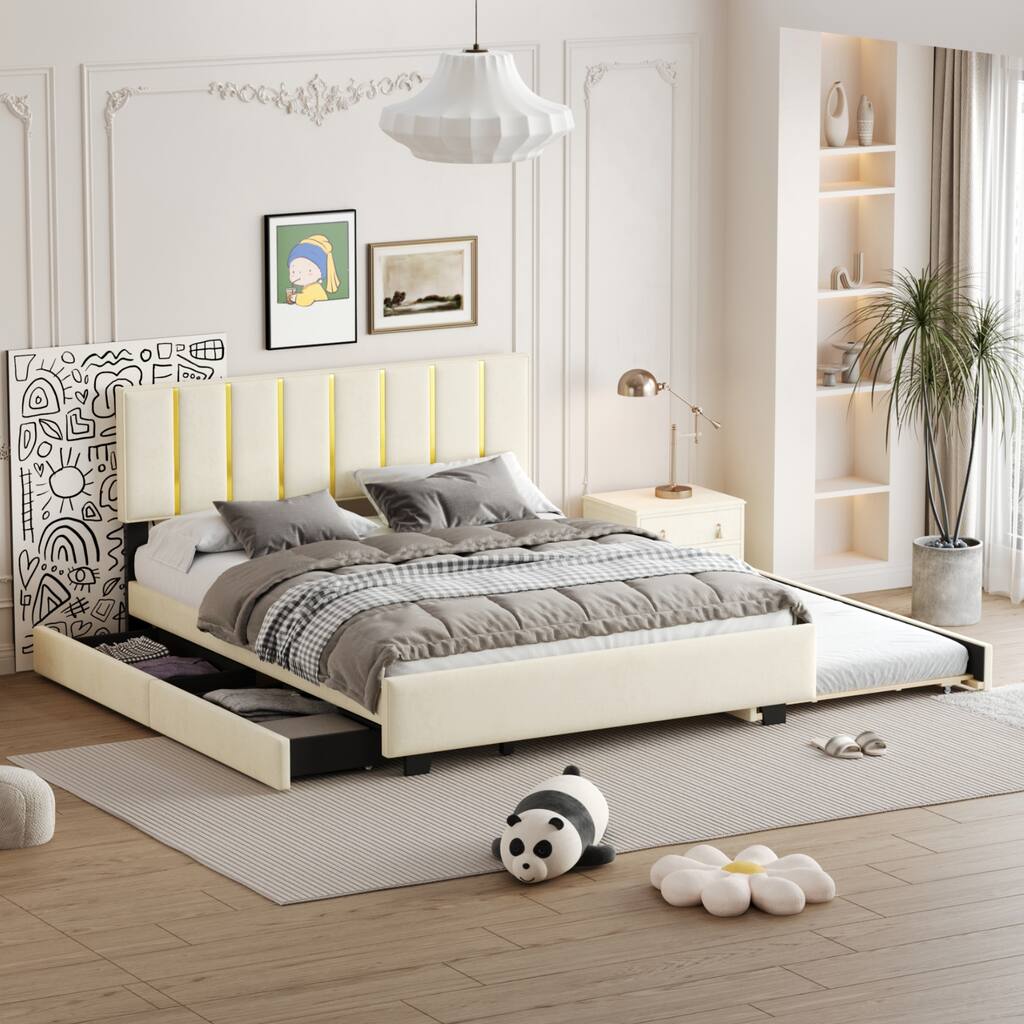 Queen Size Upholstered Platform Bed with 2 Drawers and 1 Double Trundle,Classic Metal Strip Headboard Design