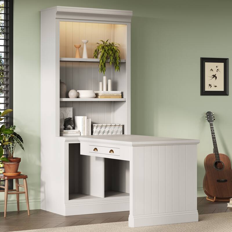 83.4-Inch Tall Bookshelf Study Desk with Writing Desk, LED Lighting, Storage Shelves and Drawer for Home Office