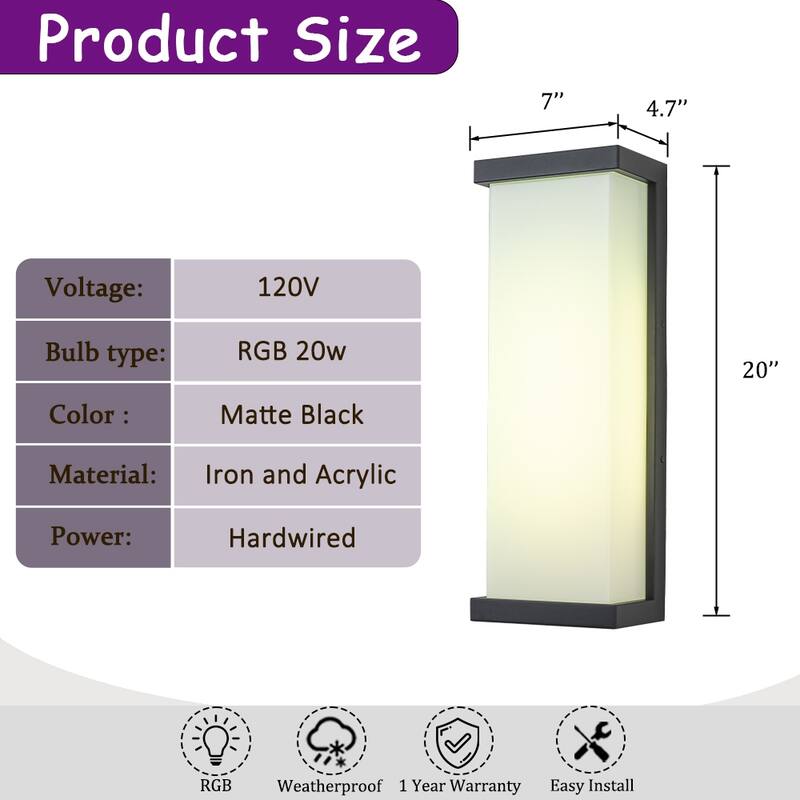 CraftHome H20" Smart RGB Outdoor Wall Light LED Wall Cast Iron Exterior Light Fixture for Porch Garage Garden - W7"