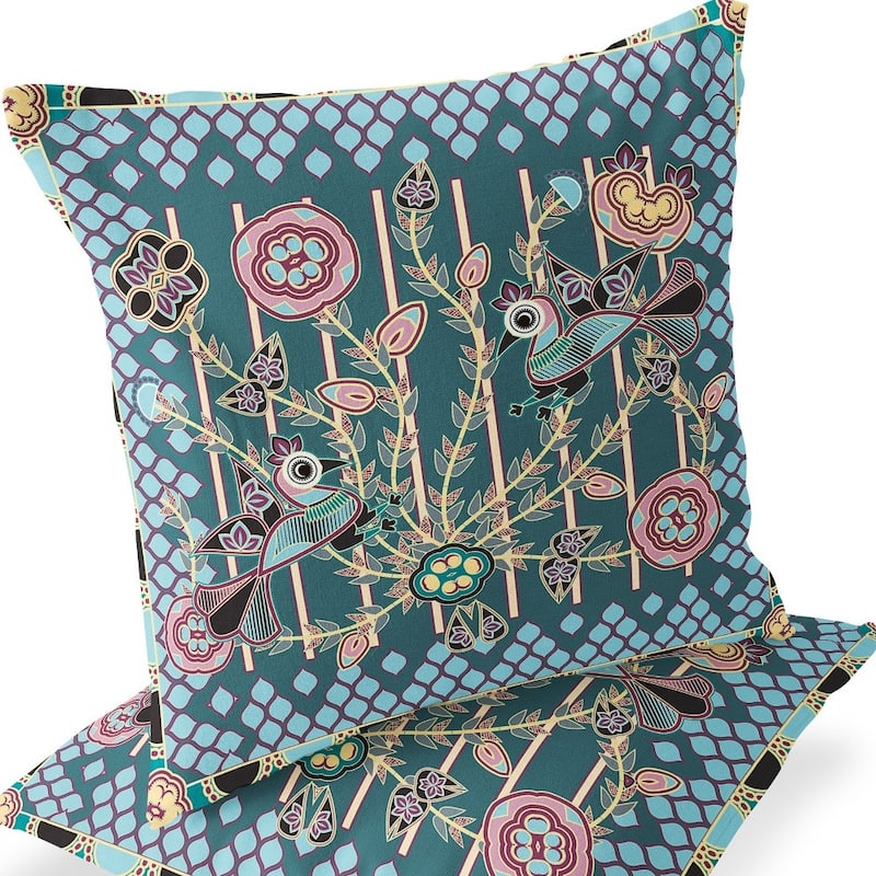 HomeRoots Set of Two 16" X 16" Green and Pink Peacock Blown Seam Floral Indoor Outdoor Throw Pillow - 16.00' X '16.00' X '5.00