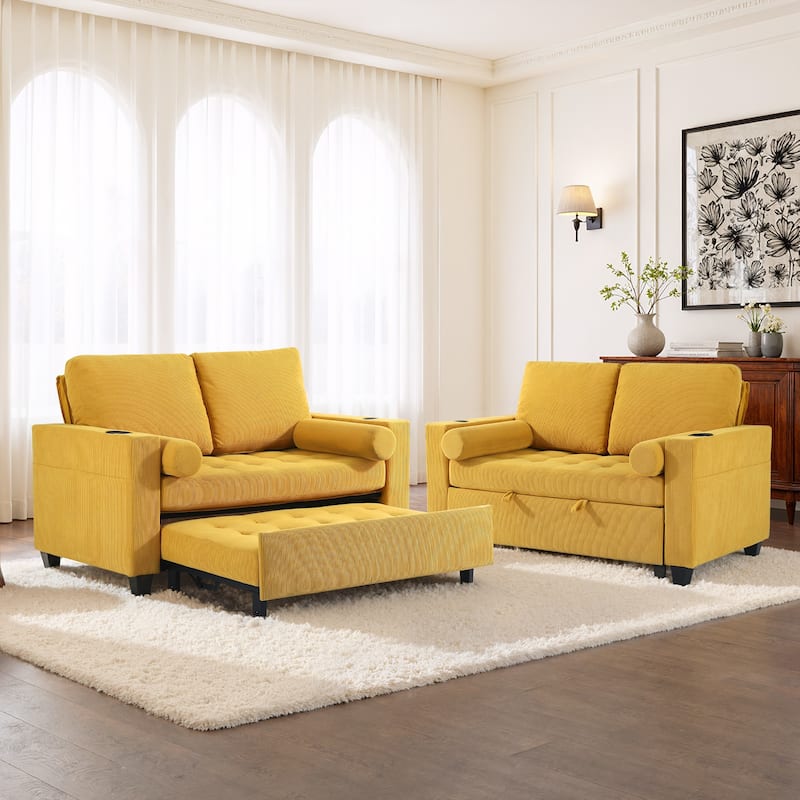 2 Set Corduroy Convertible Sleeper Sofa Bed Loveseats with Cup Holder, USB Ports & Storage