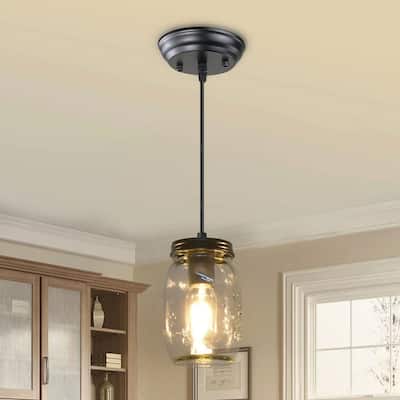 Starsky 1-light Farmhouse Matte Black Mason Jar Glass Pendant with Texture Glass