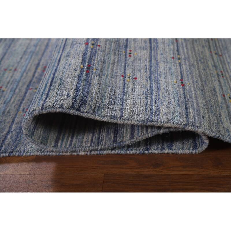 Striped Blue Gabbeh Indian Area Rug Hand-Knotted Oriental Wool Carpet - 7'8"x 9'7"