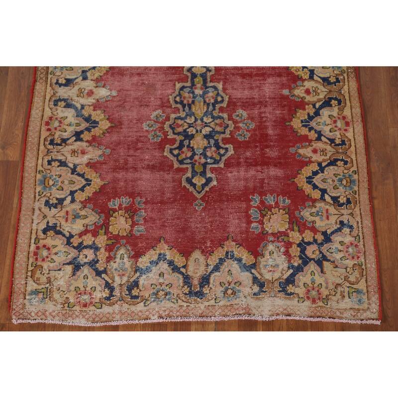Distressed Pink Kerman Persian Antique Rug Hand-Knotted Wool Carpet - 4'4" x 5'5"