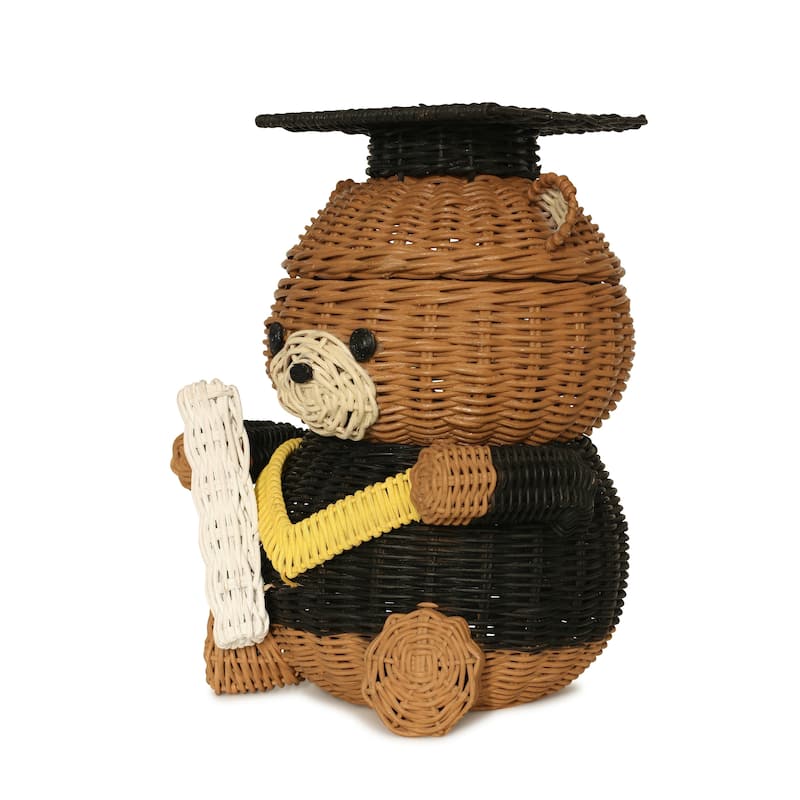 Graduation Bear Rattan Storage Basket with Lid Decorative Home Decor Hand Woven Shelf Organizer Cute Handmade Handcrafted Gift