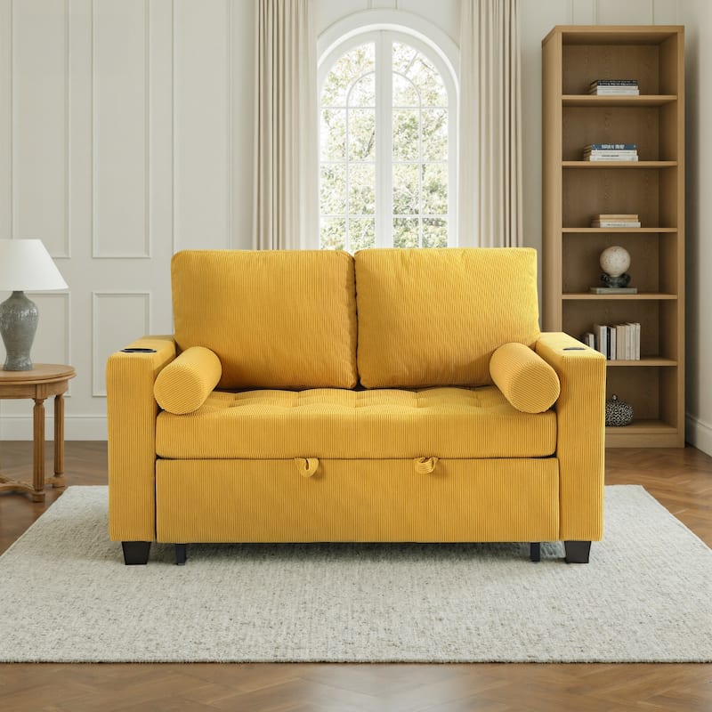 Corduroy Convertible Loveseat Sofa Bed Recliner with Cup Holder, USB Ports