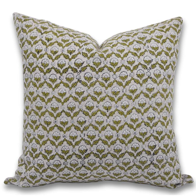 Fabdivine Floral Accent Pillow Cover for Farmhouse Sofa or Dining Décor Hand Block Print Fall Linen Cushioncase, Shehnaaz - Pillow Covers - Shehnaaz- Green, White - 20" x 20"
