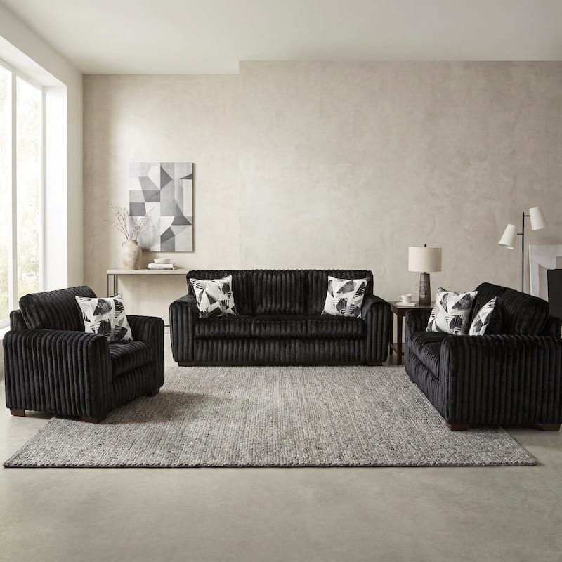 Roundhill Furniture Nolan 3-Piece Living Room Set, Sofa Loveseat and Chair - Lush Black