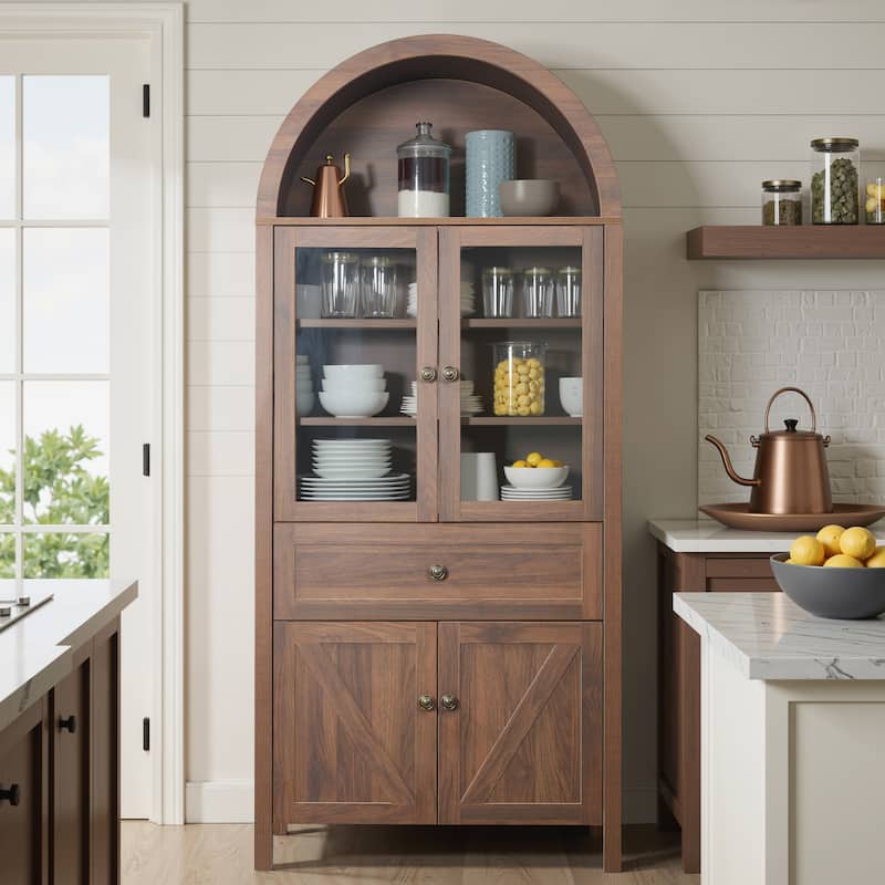 71" Tall Arched Kitchen Pantry Cabinet, Wood Kitchens Storage Cabinets with Drawers and Open Shelves, Modern Versatile Cupboard - Brown