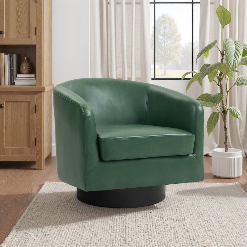 2 Set Modern Wide Round Swivel Accent Barrel Chairs - Faux Leather - P-Green-Single