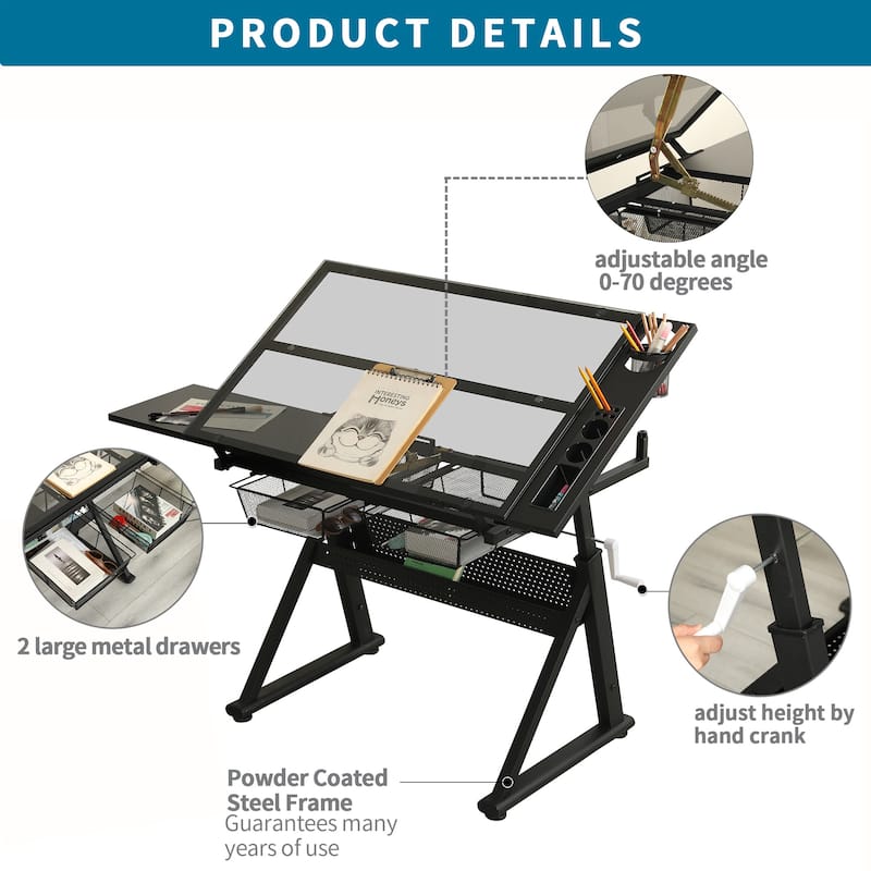 Hand Crank Adjustable Tempered Glass Drafting Drawing and Printing Table with Chair and Storage Space