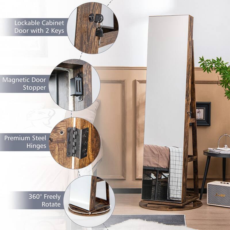 Gymax Rotating Mirrored Jewelry Cabinet with Mirror Storage Shelves