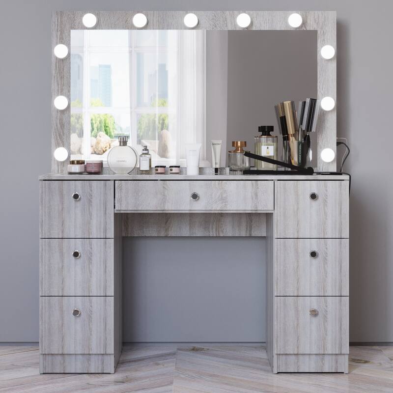 Modern White Makeup Vanity Desk with 13 Dimmable Lights, Glass Top, USB-A & USB-C, 7 Drawers, Hair Dryer Holder, and Stool