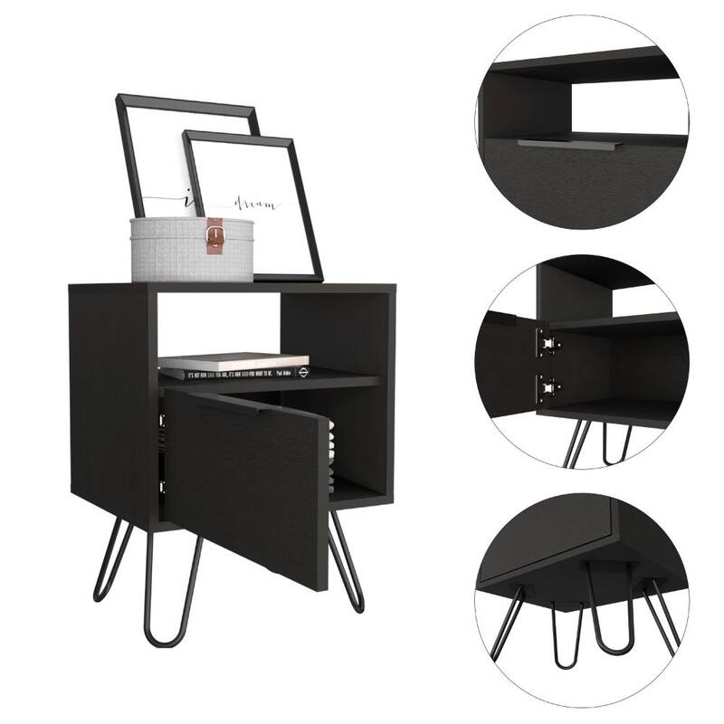 Modern Black Nightstand with Hairpin Legs, Drawer & Open Shelf - Compact Storage Solution for Bedroom or Living Room