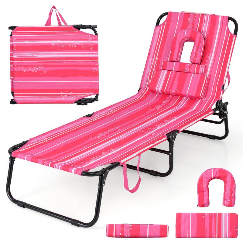 Gymax Beach Chaise Lounge Chair w/ 5-Position Adjustable Backrest & - Pink