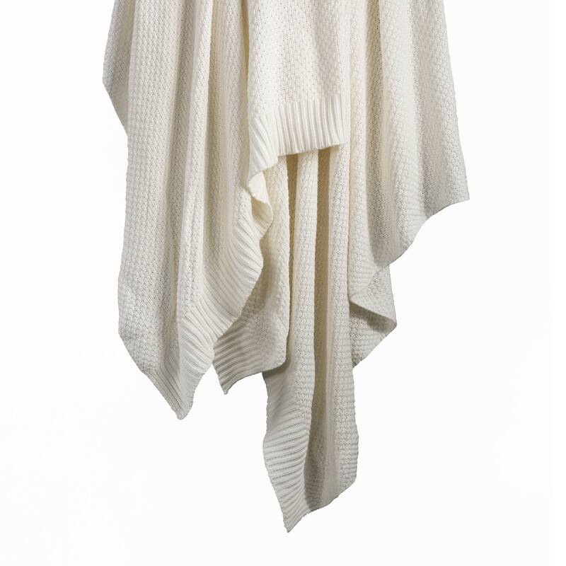 HiEnd Accents 100% Cotton Knit with Ribbed Trim Throw Blanket, 1PC - Throw - Vintage White