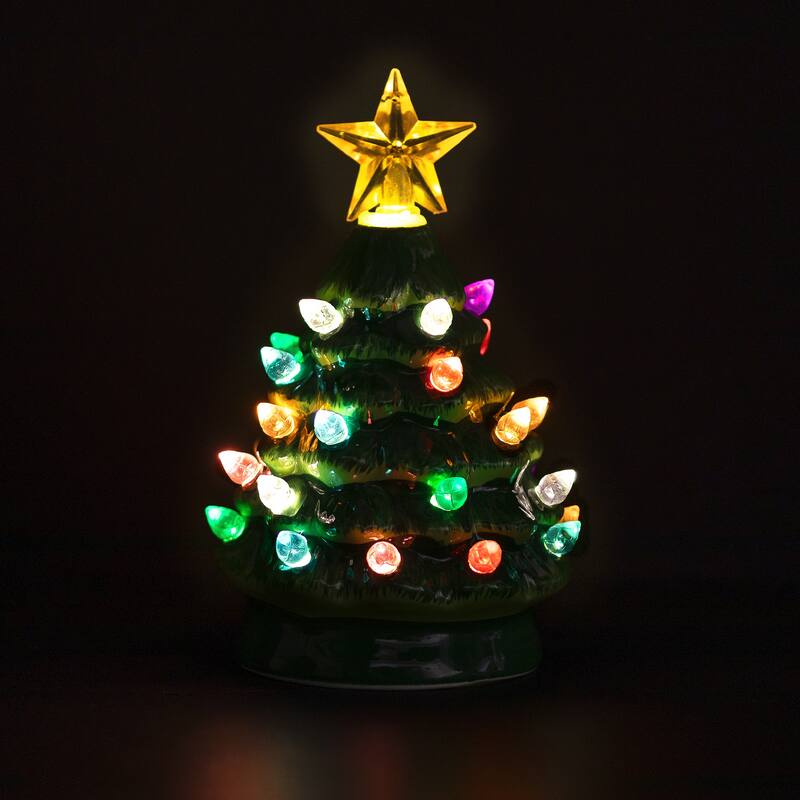 LED Lighted Mini Retro Christmas Tree with Gold Star Ornament - 5.25" - Green