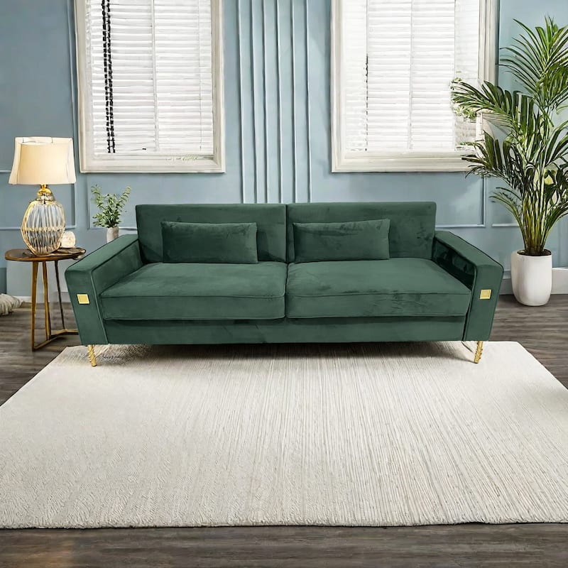 Modern 85.63" Velvet 3-seater Sofa with Gold Accents and Plush Cushions for Living Room