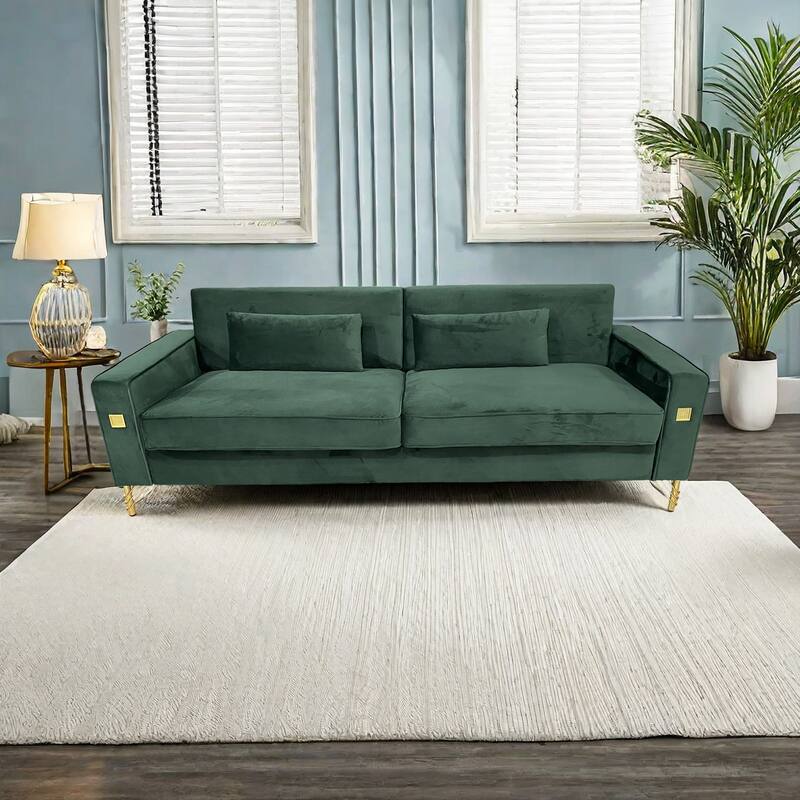 Retro Green Modern 85.63" Velvet 3-seater Sofa with Gold Accents and Plush Cushions for Living Room