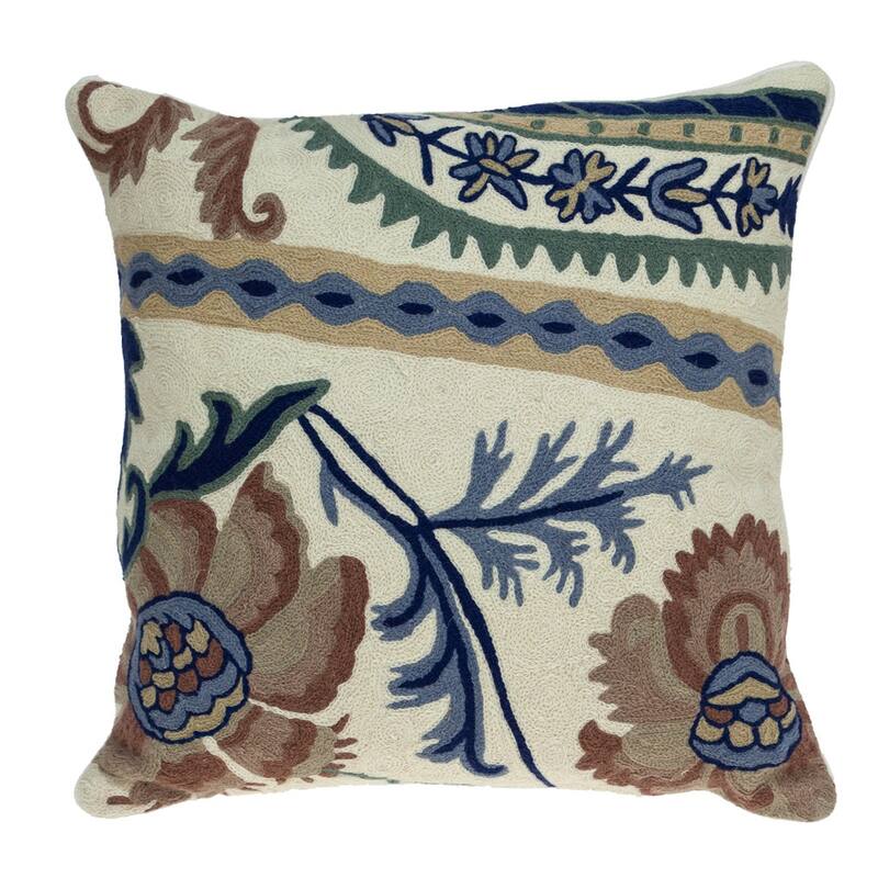 20" Blue and Beige Floral Wool Throw Pillow With Embroidery