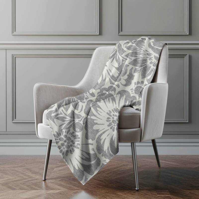 Premium Machine Washable Modern Floral Sherpa Throw Blanket - Gray - 4'2" x 5'10"