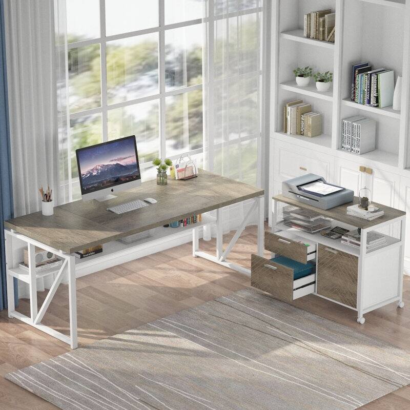 L Shaped Desk with Drawer, Executive Desk and lateral File Cabinet, 2 Piece Home Office Furniture