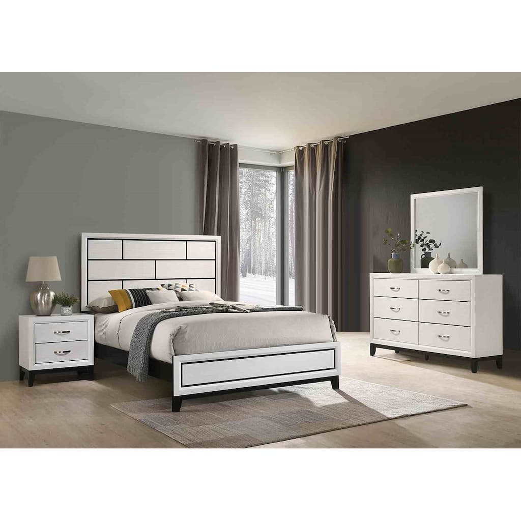Contemporary White Finish Two-Tone 4pc Bedroom Set Bed Nightstand Mirror Dresser
