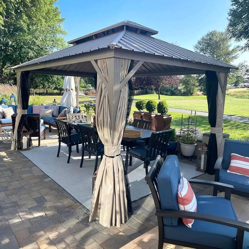 PURPLE LEAF Outdoor Hardtop Gazebo Champagne Metal Frame Galvanized Steel Double Roof with Curtains and Netting for Poolside - 10' x 14' - Gold