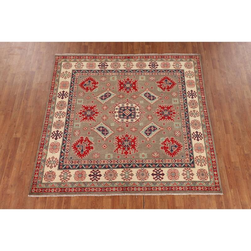 Brown Geometric Kazak Oriental Square Rug Hand-Knotted Wool Carpet - 6'8" x 6'5"