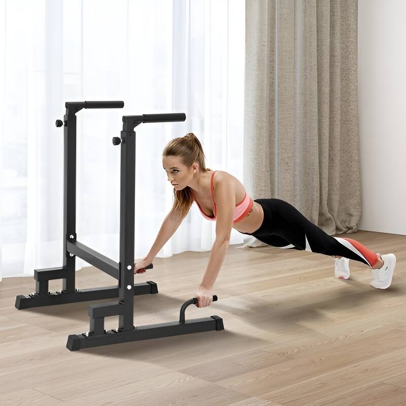 Black Steel Adjustable Dip Bar 500 lbs Home Gym Workout Station - 29.5" x 28" x 51.6"