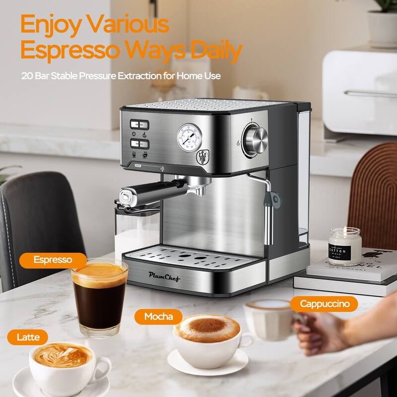 20 Bar Espresso Machine with Milk Frother, Stainless Steel Coffee Maker, Single Double Shot, ESE Pod Compatible