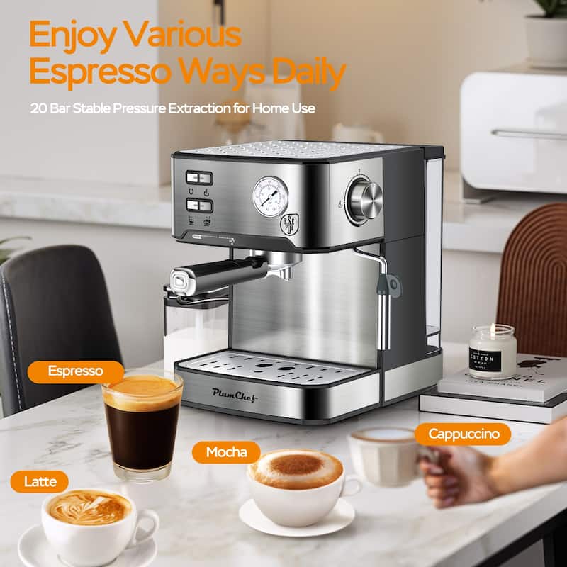 20 Bar Professional Espresso Machine with Milk Frother, Single & Double Shot, ESE Pod Compatible, Pressure Display